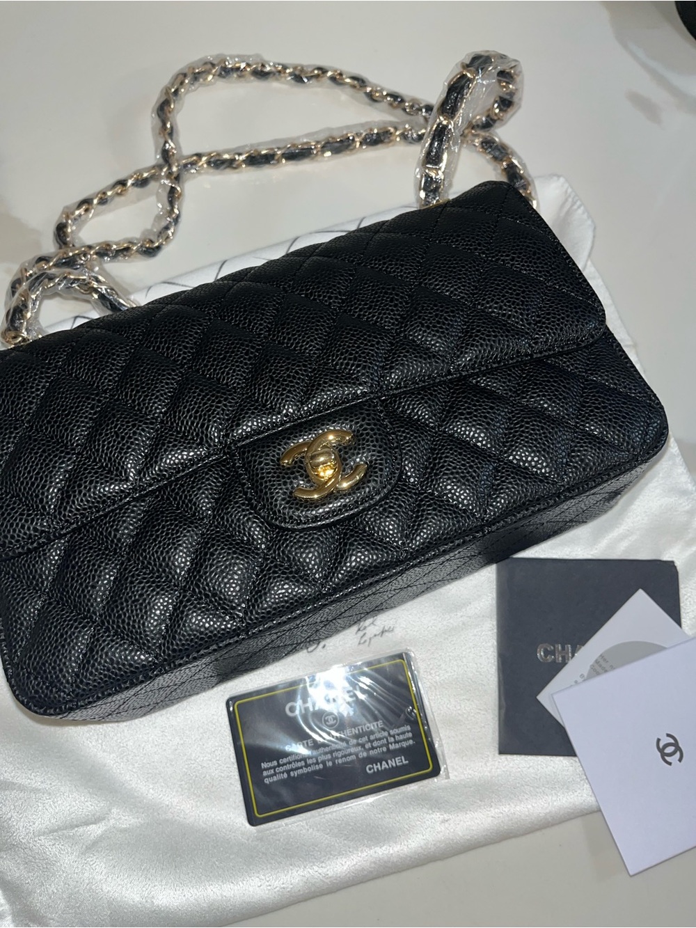 CHANEL Black Quilted Caviar Leather Shoulder Bag with Gold Chain